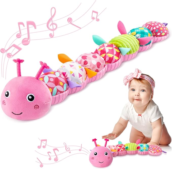Baby Toys 0-6-12 Months,Infant Musical Stuffed Animals Activity Toys with Muti-Sensory Crinkle,Rattles,Baby Girl Toys Gifts for Newborn Tummy Time,Caterpillar,Pink