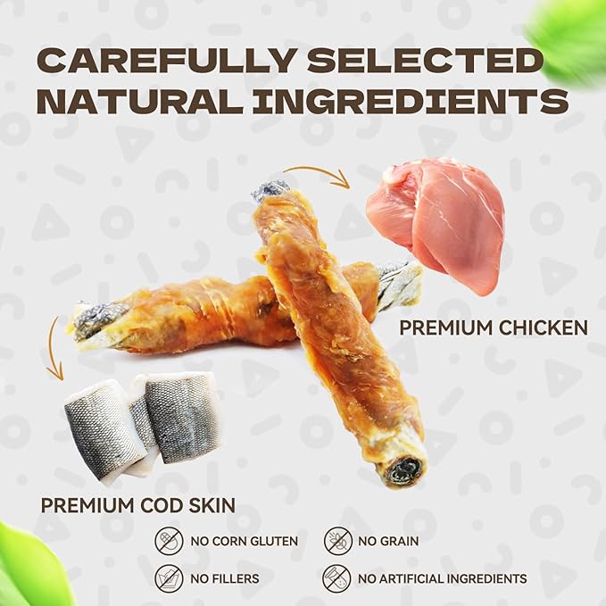 Chicken Wrapped Cod Skin Dog Treats, High Protein Chicken Jerky Chews Rawhide-Free Long-Lasting Dog Training Treats Snacks for Medium and Breeds 10.54oz