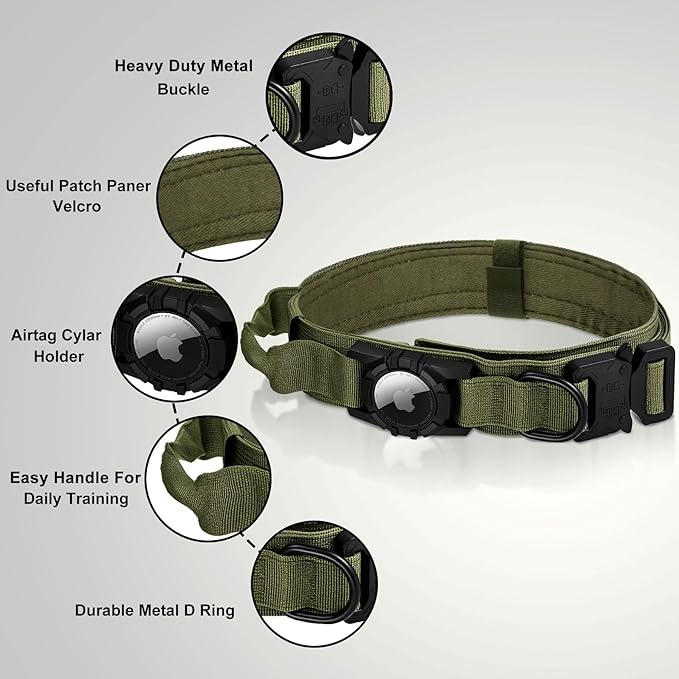 Tactical AirTag Dog Collar - Heavy Duty, Adjustable GPS Collar Compatible with Apple AirTag, with Holder & Control Handle for Medium/Large Dogs [ Green, XL ]
