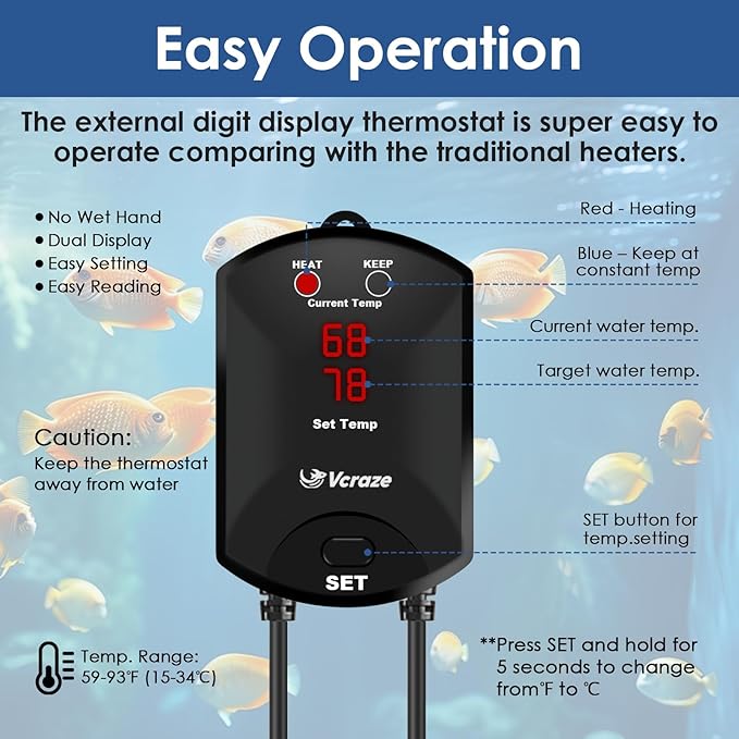 Aquarium Heater 800W Fish Tank Heater with External Thermostat (Dual Digital Display), Turtle Heater for Tanks 120-160 Gallons, Dry-Run/Overheating Protection and Memory Function