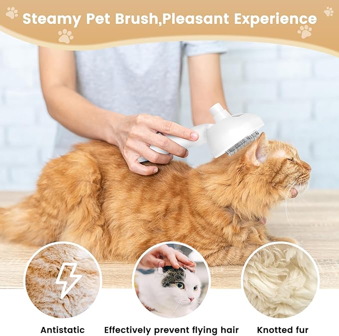 Cat Steam Brush, 3 In 1 Steamy Cat Brush with Release Button and Tank, Anti-Static Pet Spray Hair Removal Comb, Rechargeable Dog Steam Comb for Furry Pet