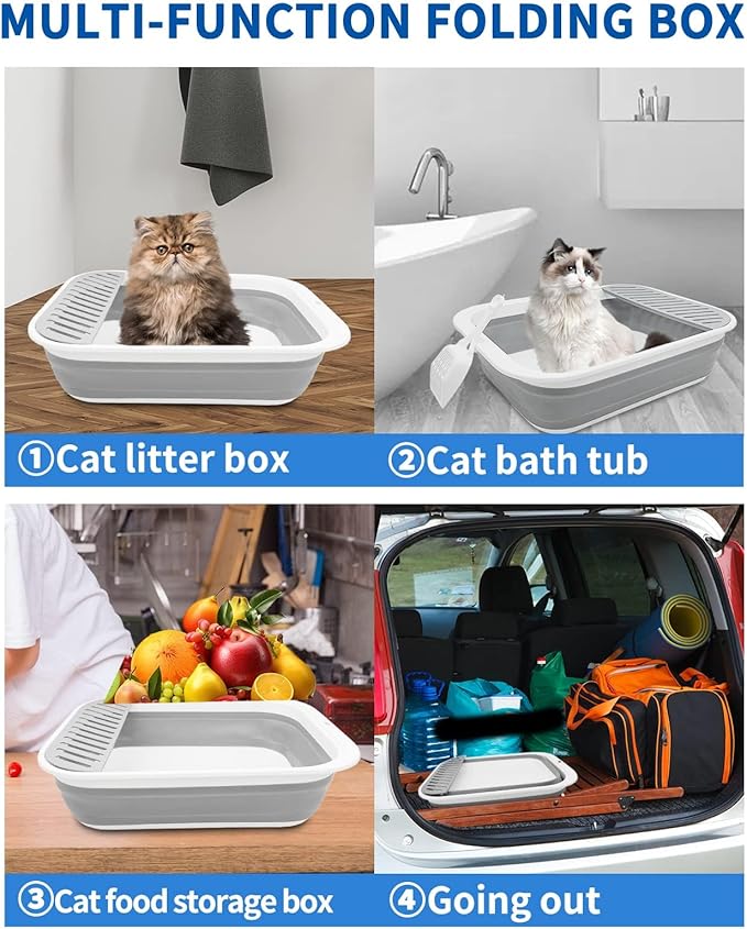BNOSDM Collapsible Small Cat Litter Box for Kittens Open Potty Pan Foldable Cat Toilet with Scoop Senior Kitty Travel Shallow Litters Boxes Anti-Splash Waterproof Grey 17.7"×13.4"