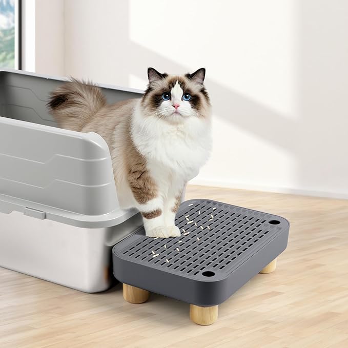 Cat Litter Box Step Ramp, Cat Litter Catcher Mat with Wooden Feet, Filter Function, Cat Pedal Stool for Self-Cleaning Cat Litter Box, Ideal for Kitten & Elderly Cats (Dark Grey)