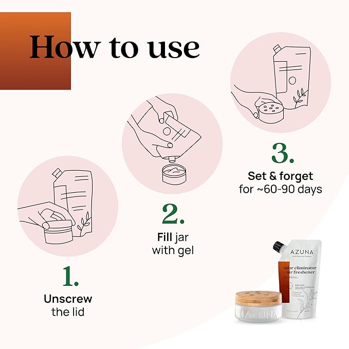Azuna Air Freshener & Odor Eliminator for Strong Odor | 1 Room Kit Includes (1) Empty Luxe Glass Jar & 8oz Refill with Tea Tree Essential Oil Gel | Sandalwood | Last 60-90 Days