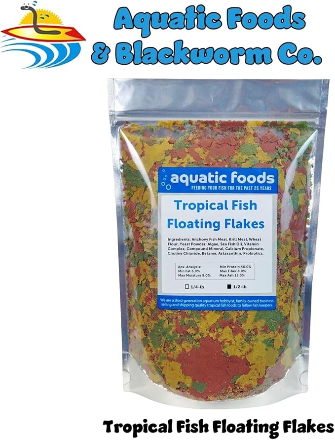 Aquatic Foods Inc. Tropical Fish Flakes, Mix of Krill, Color Enhancing, Spirulina Flakes for Cichlids, Angels, Tetras, Guppies. 12-Type Pellet Mix & 4-Type Wafers Included...WL 1/2-lb Foil Bag