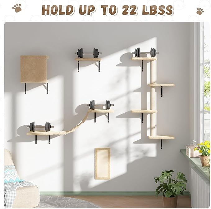 COZIWOW Wall Mounted Cat Furniture, Cat Wall Shelves and Perches, Floating Cat Shelves for Wall Set of 5(Beige)