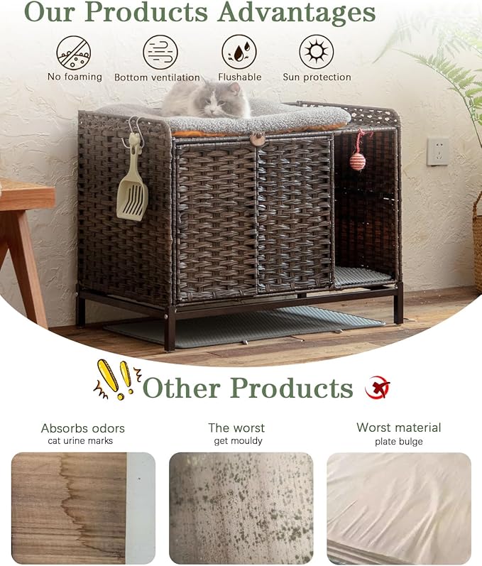 Cat Litter Box Enclosure Furniture with Divider, Handwoven Rattan Litter Box with Mat, 31.2 x 19.6 x 24.2 Inches, Metal Heightened Feet, Hidden Cat House for Living Room, Bedroom (Brown)