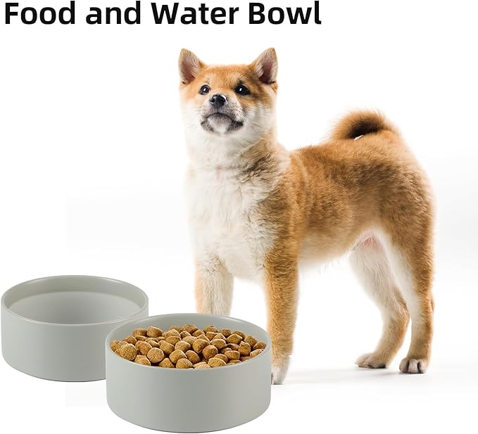 Ceramic Dog Bowl, Food and Water Bowl for Medium Breed Dog, Pet Bowl for Replacement (7.3 inch, Single Bowl, Grey)