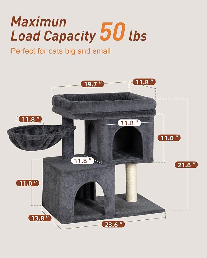 Cat Tree with Large Top Perch, 21.6in Cat Tower with Big Hammock and Dual Condos, All-in-one Cat Activity Center