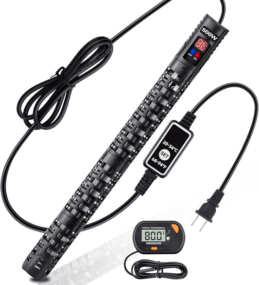Aquarium Heater Submersible Fish Tank 500W& Turtle Tank Heater with External Adjustment Controller, Included Thermometer, LED Display, Overheat Protection, Detachable Cover, for Saltwater&Freshwater