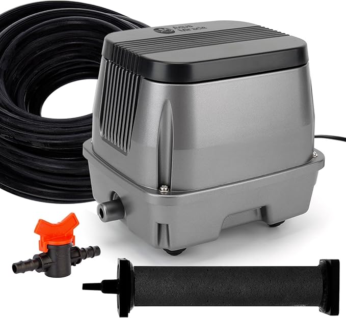 AquaMiracle All-in-1 Koi Pond Aeration Kit Pond Air Pump with Self-Sinking Airline Rubber Air Diffuser, Air Flow Control Pond Aerator for Outdoor Pond 2,000-5,000 Gallons