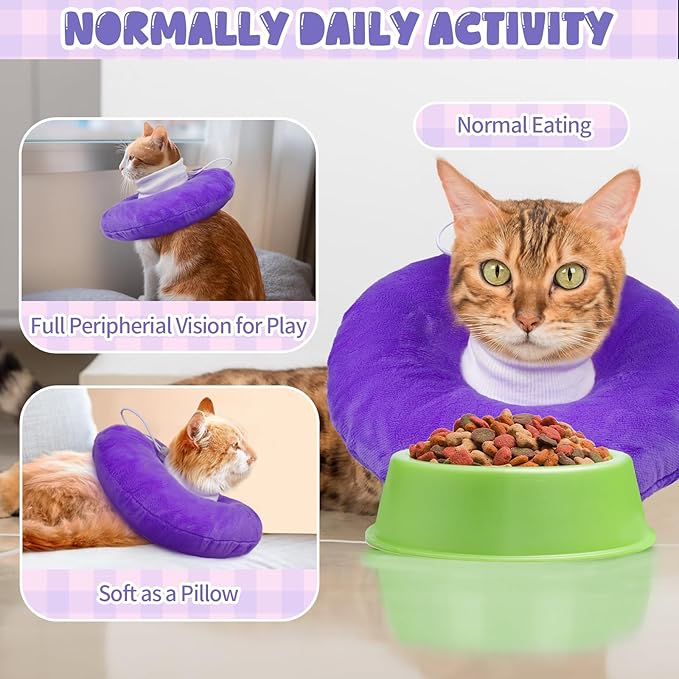 BRKURLEG Cat Recovery Collar Soft Cat Cones Pet Neck Protector Adjustable Kitten Cones to Stop Licking After Surgery Pet Elizabethan Collar for Cats Kittens, Purple, L