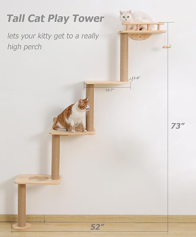 Cat Tree Wall Mounted with 4 Levels Shelves, 73" Wood Corner Tower Inside Kitten Scratching Post for Climbing,Perching and Lounging (Left to Right)