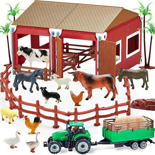 BOLZRA Mini Barn Playset, 66PCS Plastic Animals Figurines and Fence, Farm Figures Farmer Vehicle Toy Truck with Trailer for 3-12 Years Old Kids Boys Girls Toddlers