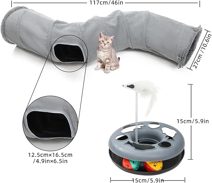 Cat Tunnel, Indoor Cat Toy, Roller Track Cat Toy, Collapsible S-Shaped Play Tube, 10.5 Inch Diameter Maze Cat House for Cats, Puppies, Rabbits, Ferrets, Cat Toy Gift Set, Grey