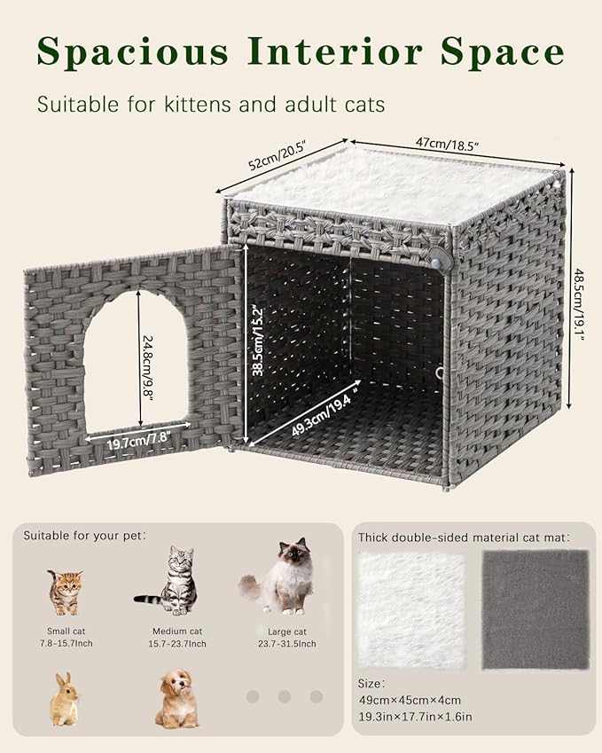 Cat Beds for Indoor Cats Extra Large Double Cat Cave Pet Cube, Handwoven Rattan Cat Houses with Double-Sided Soft Cushions, 18.5 x 20.5 x 19.1 Inches Foldable Hideaway in Living Room Gray