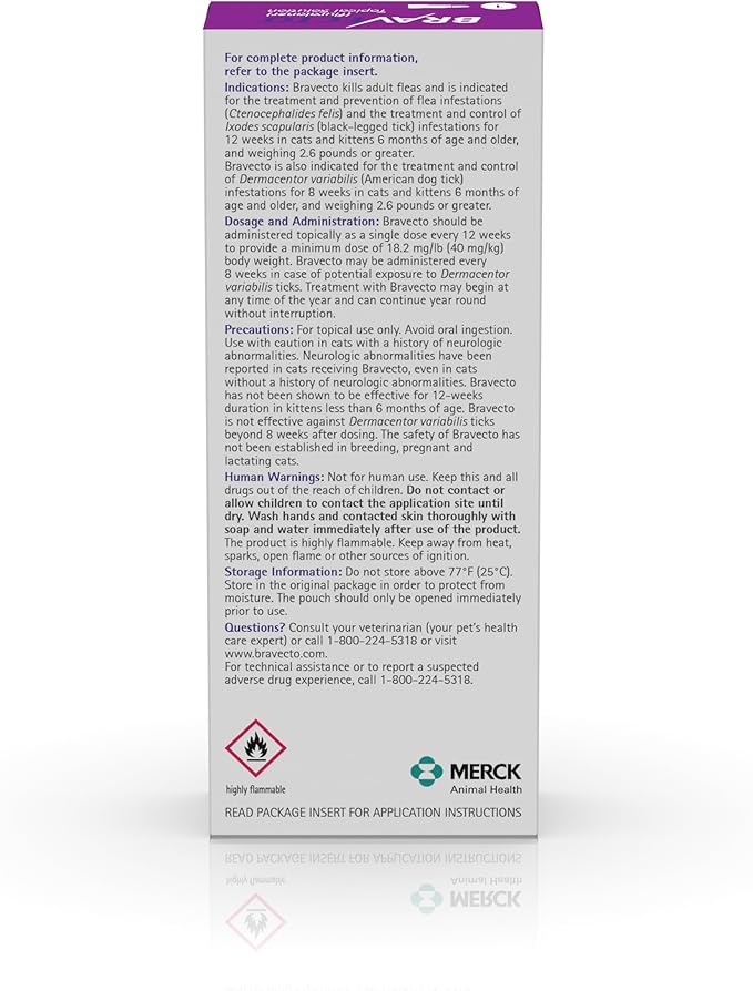 BRAVECTO Topical Solution for Cats, Flea & Tick, 12 Week Supply, >13.8-27.5 lbs., Purple Box