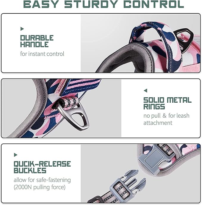 BUMBIN Tactical Dog Harness for Small Dogs, No Pull, Pink Camo XS