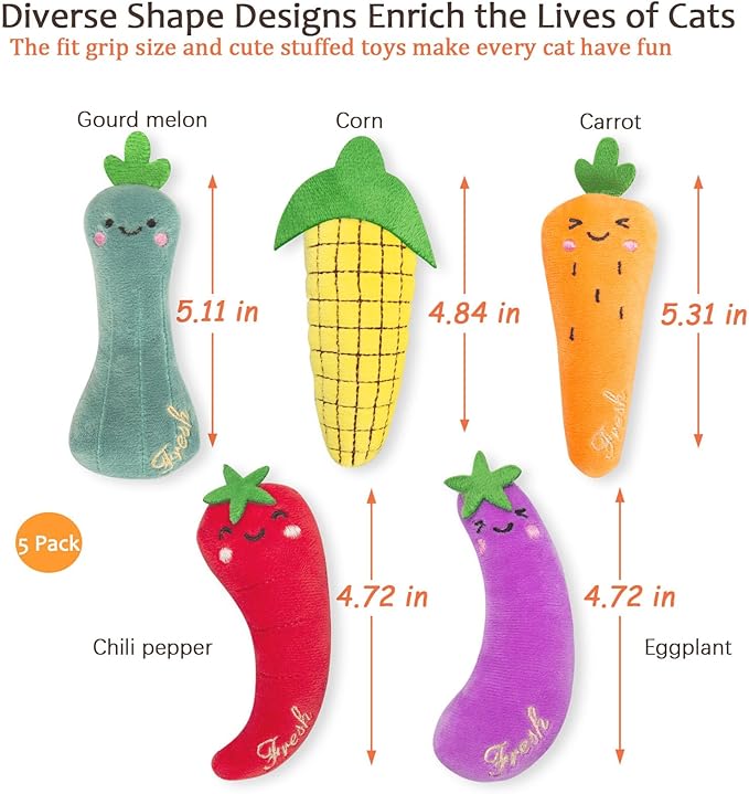 Catnip Cat Toys, Interactive Indoor Cat Nip Toy Kitty Kicker, Dental Kitten Chew Toy, 5 Pack, Vegetable Shape