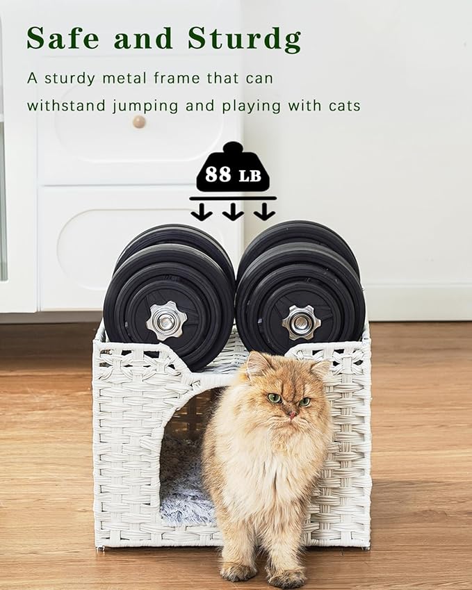 Cat Beds Indoor Kitten House, Handwoven Rattan Cat Cave Pet Cube, Large Cat Houses, One Bed Mat, Foldable, Hideaway, 16.5x16.5x13.2 Inches, 2 S-Shaped Hooks in Living Room Bedroom White