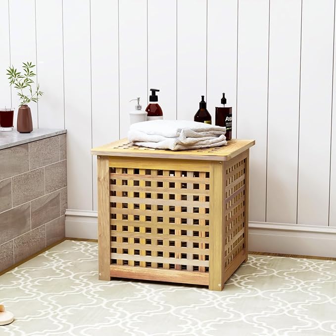 Bench with Storage, Acacia Laundry Hamper with Seat, Storage Benches with Seating for Entryway, Living Room, Bedroom, Bathroom (15.7x19.7x17.7in)