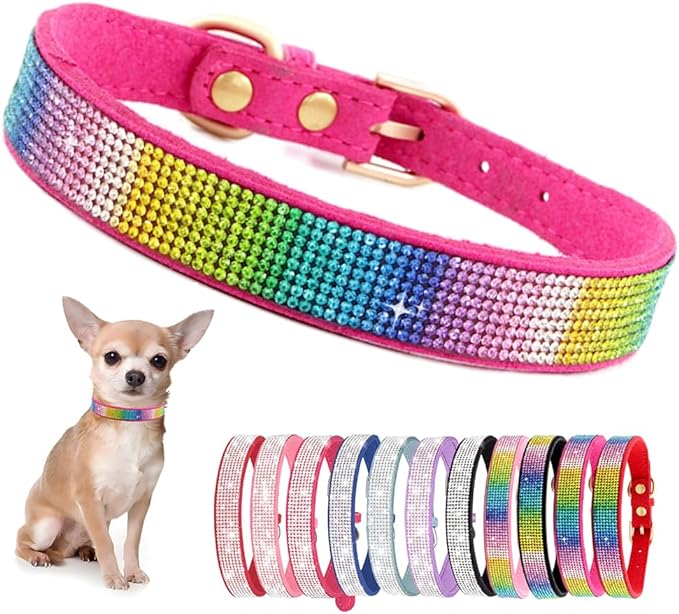 Rhinestone Dog Collar for Small Dogs, Bling Diamond Fancy Crystal Glitter Pretty Jewel Pet Puppy Collars for XXS XS Small Medium Large Breed Girl Dogs Female Cats Kitten, Colorful Hot Pink S