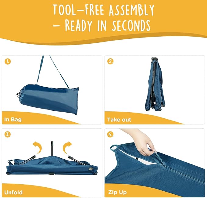 Daisy Cot, Medium Foldable Elevated Dog Bed, Portable Raised Outdoor Folding Dog Cot, Cooling, Chew Proof, Waterproof, Heavy Duty Up to 160 Lbs for Camping/Home, Dark Blue, 32"x 19"x6"