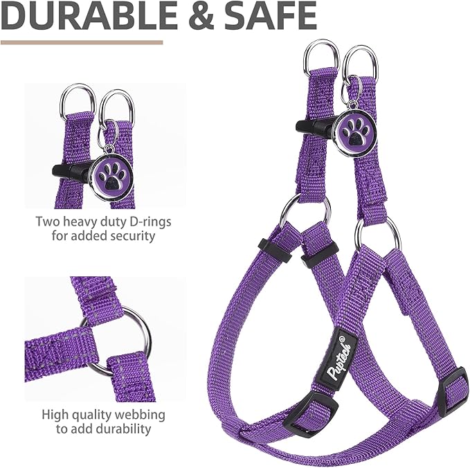 PUPTECK No Pull Dog Harness Soft Adjustable Basic Nylon Step in Puppy Vest Outdoor Walking with ID Tag, Reflecive Purple, S