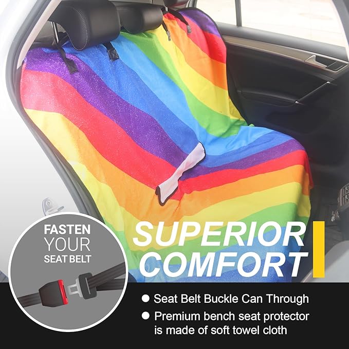 Back Seat Cover for Car Trucks Van SUV,Waterproof Rear Bench Towel Seat Covers for Dogs and Kids,Automotive Backseat Protector (Rainbow)