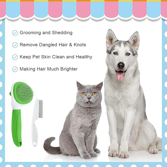 Cat Brushes for Indoor Cats, Dog Brush for Shedding with Metal Cat Comb, Self Cleaning Pet Hair Brush with Release Button for Grooming Kitten(Green)