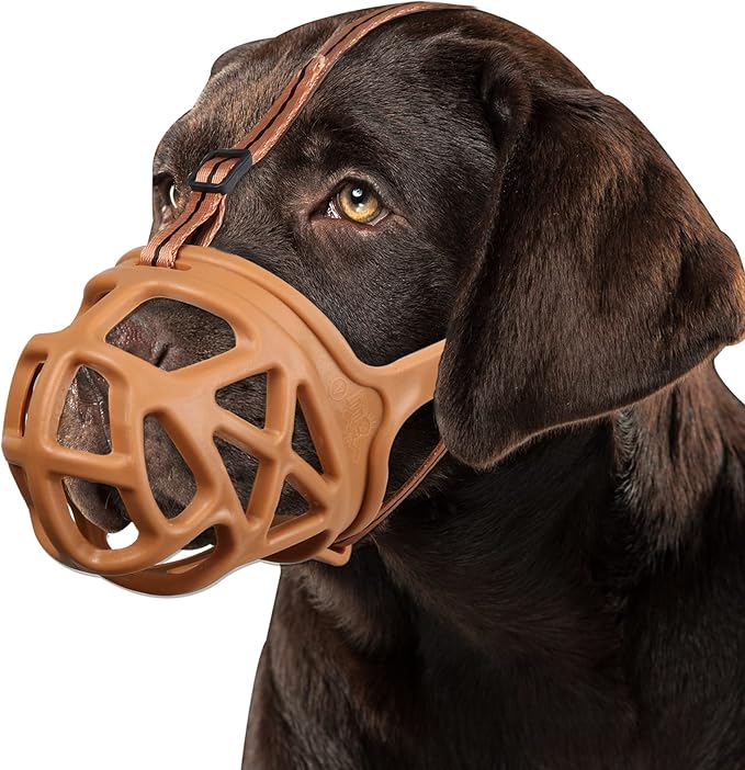BARKLESS Dog Muzzle, Basket Muzzle for Biting, Chewing and Scavenging, Humane Cage Mouth Cover, Perfect for Grooming and Training Small, Medium, Large Aggressive Reactive Dogs (M, Brown)