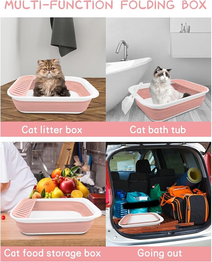 BNOSDM Senior Cat Litter Box Low Entry Kittens Travel Litter Box with Scoop Open Collapsible Shallow Cats Potty Pan Foldable Pet Toilet for Sick Disabled Older Elderly Cats Pink