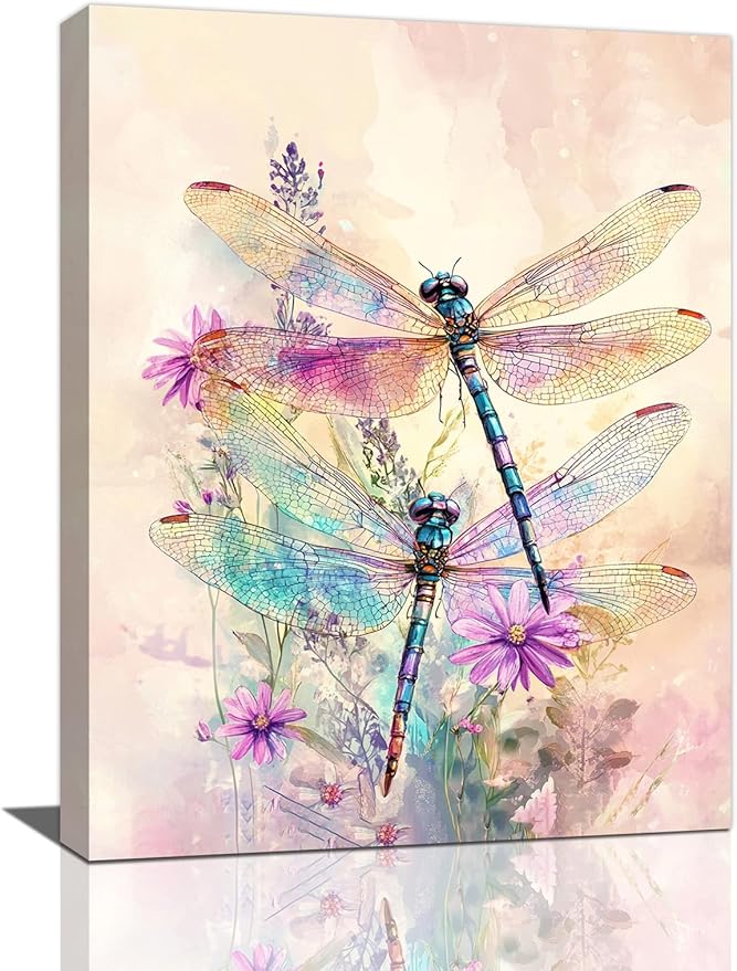Dragonfly Bathroom Pictures Wall Art, Floral Bathroom Wall Decor, Framed Painting Canvas Artwork for Bedroom Living Room Decorations 16"L x 12"W