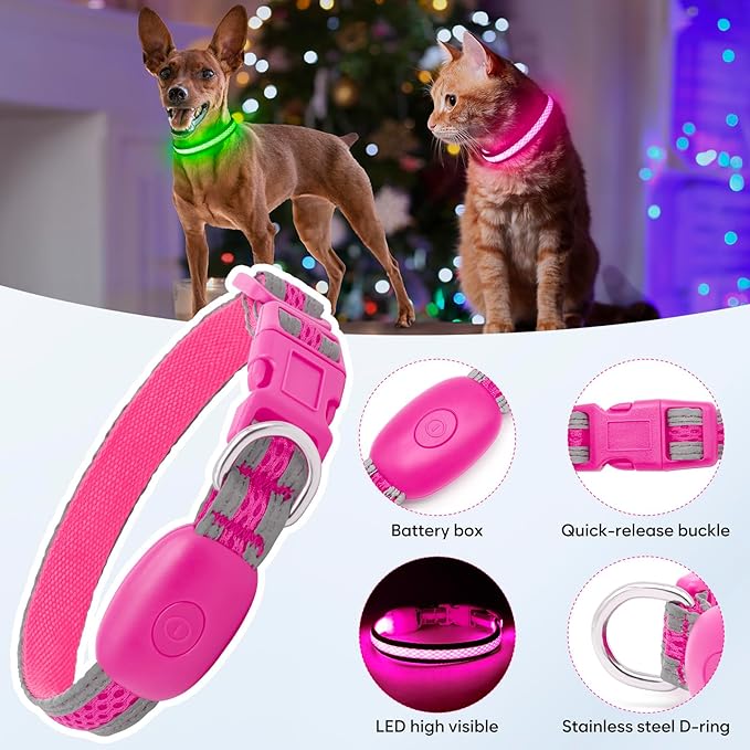 Flashseen LED Cat Collar,Light Up Dog Collar Rechargeable, Dog Lights for Night Walking, Comfortable Soft Mesh Pet Collar Adjustable for Cats Puppy and Small Dogs(Pink, XS)