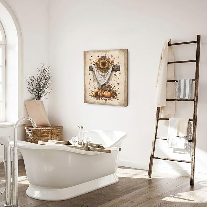 Christian Fall Wall Art Autumn Rustic Cross Sunflower Pumpkin Wall Decor Fall for Jesus He Never Leaves Pictures Painting Print Framed Artwork Decorations Gifts for Living Room Bedroom Prayer Room Office 20"x24"