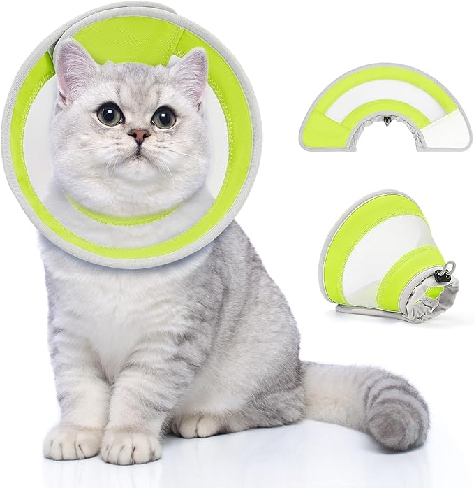 Breathable Air Mesh Cat Cone Collar Soft to Stop Licking, Adjustable, Foldable Lightweight Kitten Cones After Surgery Recovery for Cats & Kittens (Yellow Green,L)
