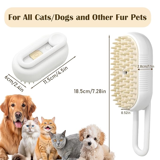 Cat Steam Brush, 3 in 1 Pet Spray Hair Removal Comb, Cats and Dogs Brush for Shedding, Rechargeable Silicone Pet Steam Brushes, Spritz Defur Comb for Massage, Cleaning and Remove Loose Hair - White