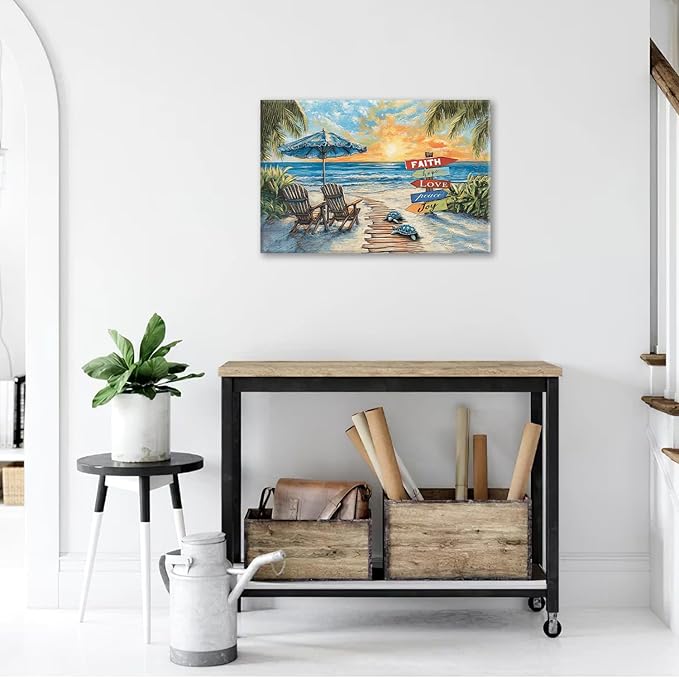 Beach Ocean Bathroom Pictures Wall Art, Seaside Coastal Bathroom Wall Decor, Sunrise Framed Painting Canvas Artwork for Bedroom Living Room Decorations 24"L x 16"W