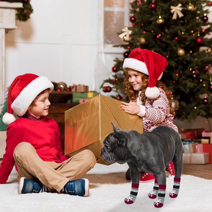 BEAUTYZOO Christmas Winter Anti-Slip Dog Socks with Grips Traction Control for Small Medium Large Dogs, Non Skid Indoor Double Side Pet Paw Protector for Hardwood Floor Wear, Snowflake L