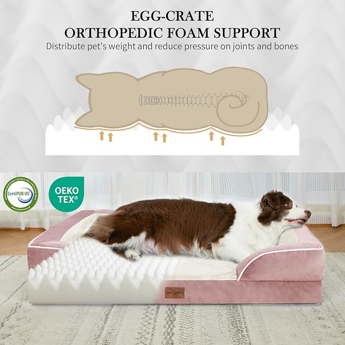 Comfort Expression Medium Dog Beds Waterproof Orthopedic Foam Dog Sofa Beds for Medium Large Dogs Comfy Pet Bed with Washable Removable Cover & Non-Slip Bottom(Medium,Pink)