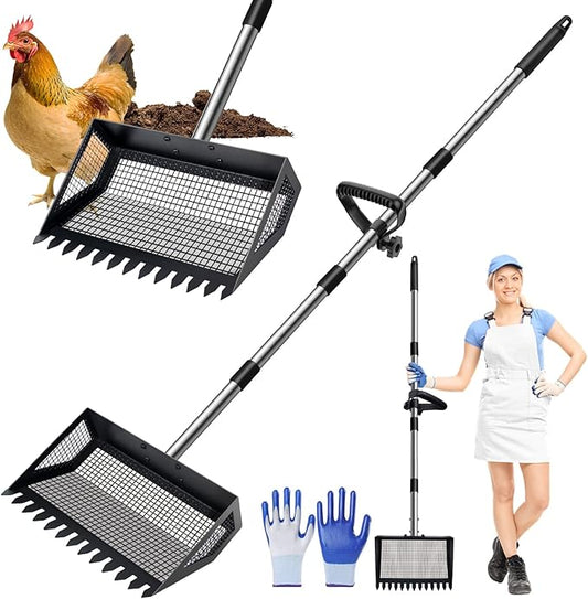 Chicken Poop Scooper & Rake 2-in-1, 32 to 68" Adjustable Stainless Steel Chicken Litter Scoop with Handle and Glove for Chick Coop Sands Multifunctional Litter Sifting Shovel for Hen Animals House