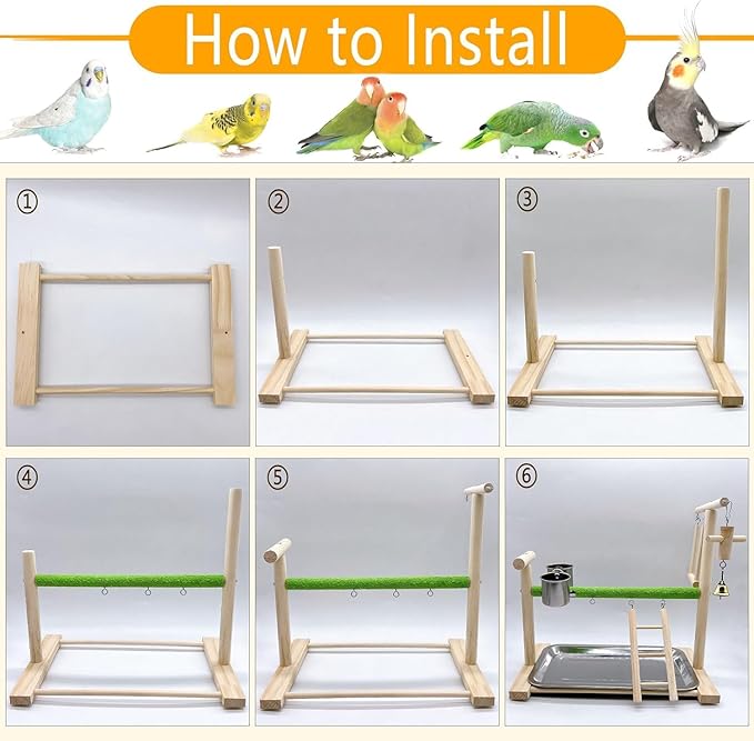 Birds Playground Parrot Playstand Birds Perch Stand Gym Natural Wood Play Stand with Ladder Swing Feeder Cups for Parakeets Cockatiels Lovebirds Conures Budgies