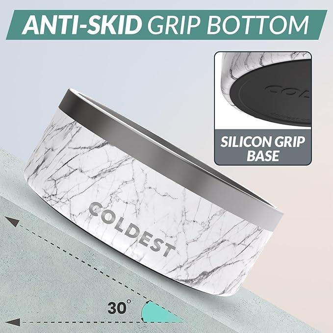 Coldest Dog Bowl - Anti Rust Metal, Non Slip, 3 Layers Insulated Stainless Steel Dog Bowls - Spill Proof & Heavy Duty - Water Bowl for Dogs, Cats & Pets, Dish Washer Safe (100 oz, Carrara Marble)