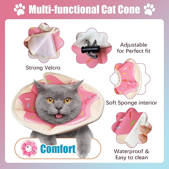Cat Cone Collar Soft, Adjustable Cat Recovery Collar to Stop Licking After Surgery Protective E Collar for Cats Small Dogs, Dounut M