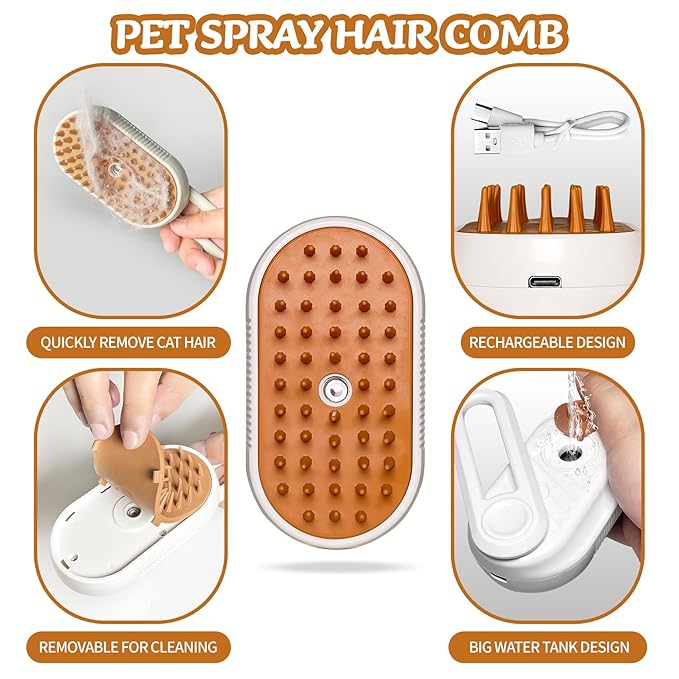 Cat/Dog Brush for Shedding - Steam Brush with Water, Hair Comb and Steamer for Pet Grooming (NEW WHITE)