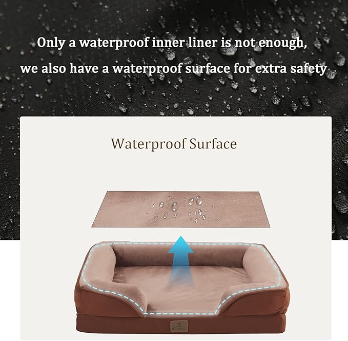 Bedfolks Orthopedic Dog Bed, Waterproof Dog Sofa Bed for Medium Dogs, Egg Foam Pet Couch Bed with Removable Washable Cover and Nonslip Bottom, Brown