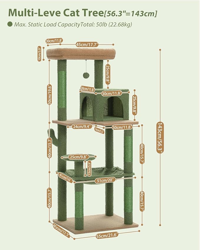 Cactus Cat Tree for Large Cats with Metal Plush Big Hammock, 56.3" Cat Tower for Indoor Cats with 2 Door Condo House, 6-Tier Cat Shelves with Scratching Posts and Large Top Perch,Green
