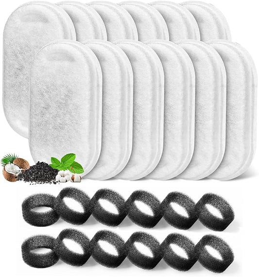 Cat Water Fountain Filter, Filters Replacement for 108Oz/3.2L&67Oz/2L&135Oz/4L Stainless Steel Pet Water Drinking Fountain, Dog Indoor Water Dispenser Fountain Carbon Filter, 12 Filters & 12 Sponges
