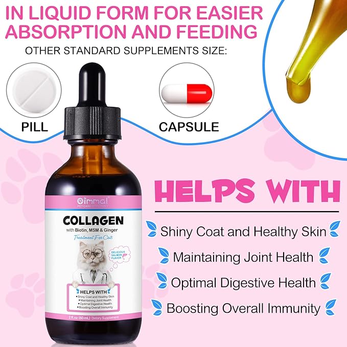 Collagen for Cats, Daily Liquid Collagen Drops for Cats with Allergies, Biotin, Vitamin C and Hyaluronic Acid, Improves Mobility Skin and Coat Health, Itch Relief for Cat, Salmon Flavor, 60ML