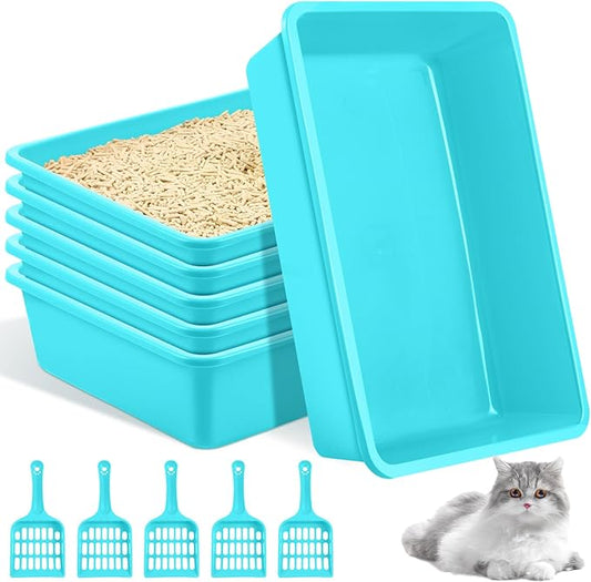 Amyhill 5 Pcs Open Cat Litter Box Kitten Litter Pan with 5 Scooper Medium Plastic Pet Tray Durable Nonstick Kitten Box for Indoor Pets Cats Rabbit Supply Easy to Clean, 14.6x10.6x3.4 Inch (Blue)